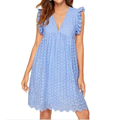 JULIE - V-NECK SHORT SLEEVED HOLLOW LACE DRESS