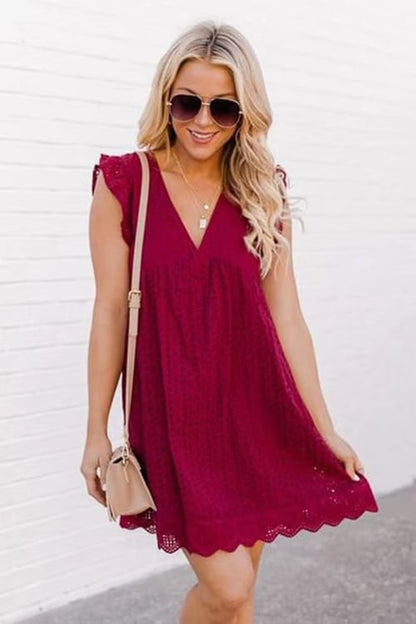 JULIE - V-NECK SHORT SLEEVED HOLLOW LACE DRESS