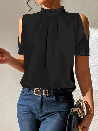 LOLA - BLACK PLEATED TOP WITH SPLIT SLEEVES