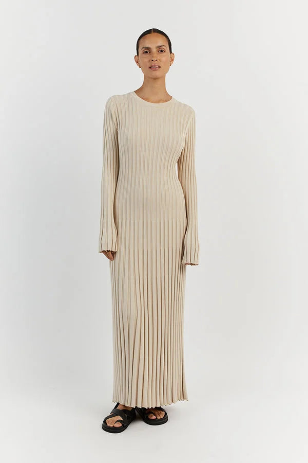 ARELLE - CREW NECK SLEEVED KNIT MIDI DRESS